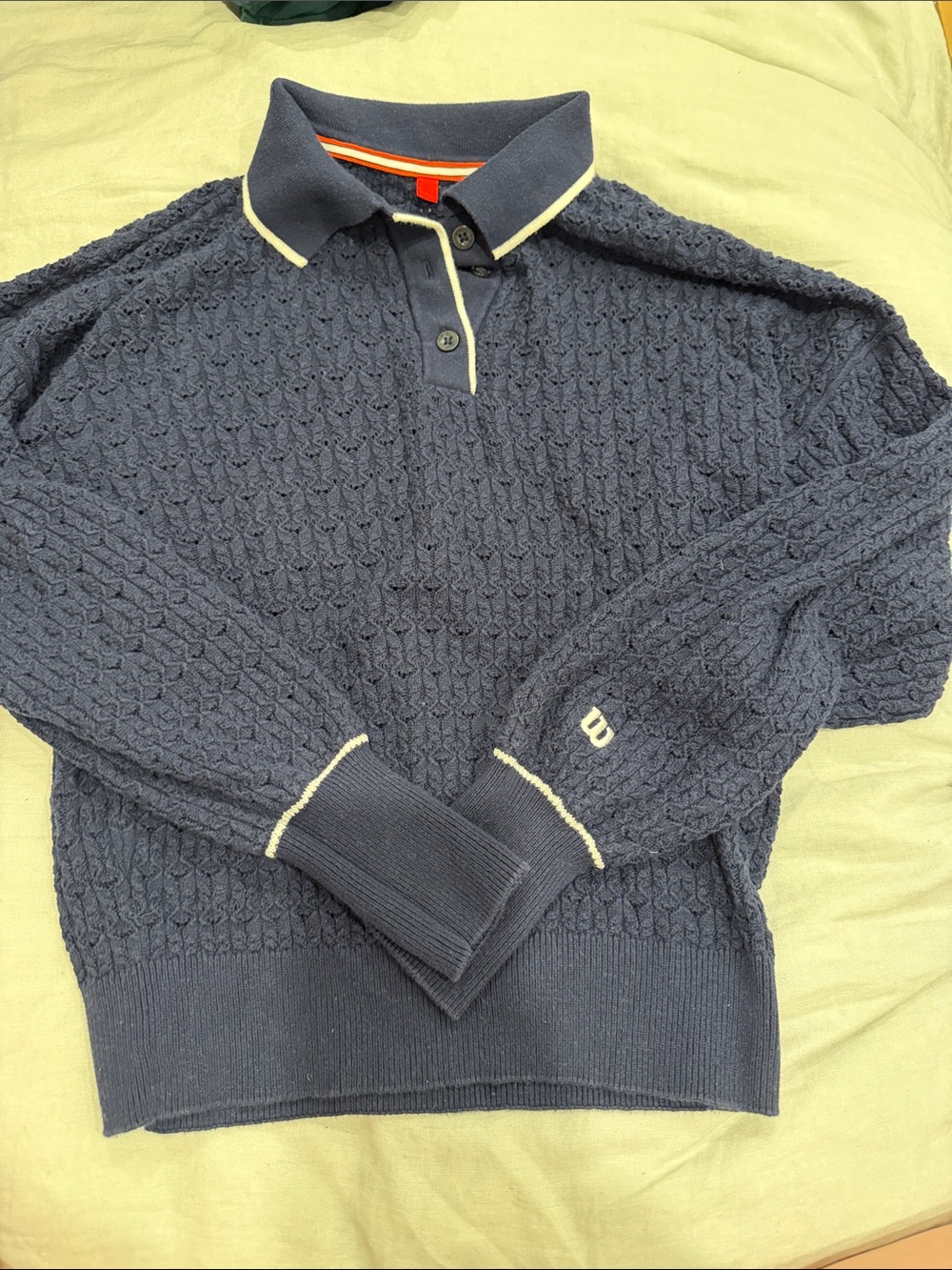 Navy Textured Knit Polo Sweater with Cream Trim